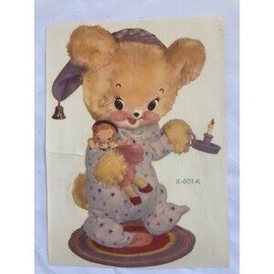 Vintage Meyercord CUTIES Fuzzy Bear in PJ's - Tactical Wall Decal X-601-K